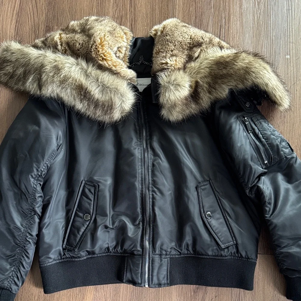 BCBGeneration Women’s Black Nylon Bomber Jacket with Faux Fur Hood - Picture 8 of 9